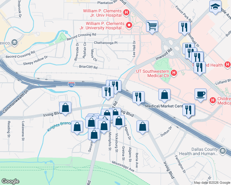 map of restaurants, bars, coffee shops, grocery stores, and more near 2847 North Stemmons Freeway in Dallas