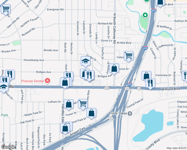 map of restaurants, bars, coffee shops, grocery stores, and more near 7501 Bridges Avenue in Richland Hills