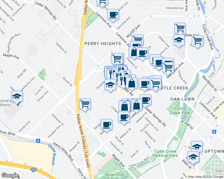 map of restaurants, bars, coffee shops, grocery stores, and more near 3002 Knight Street in Dallas