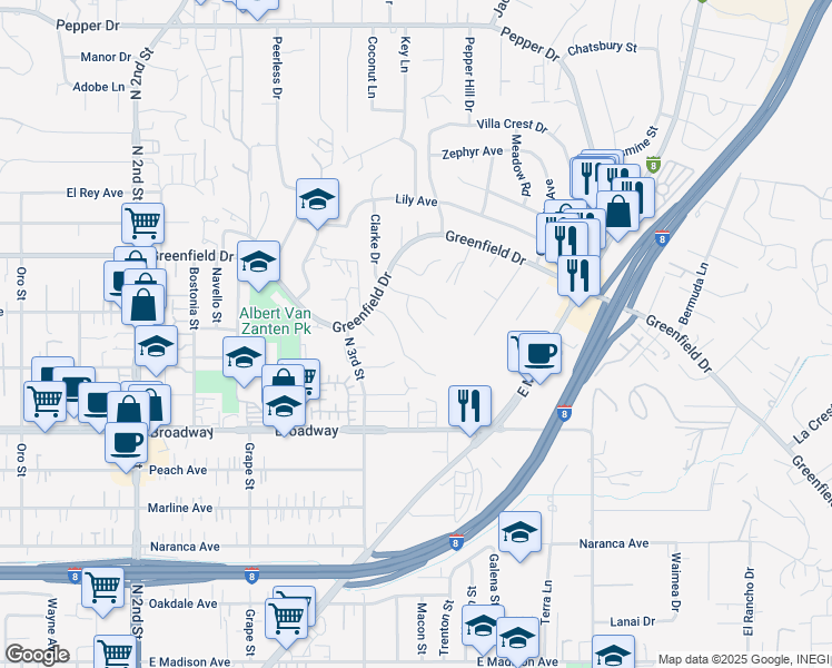 map of restaurants, bars, coffee shops, grocery stores, and more near 1150 Carnelian Street in El Cajon