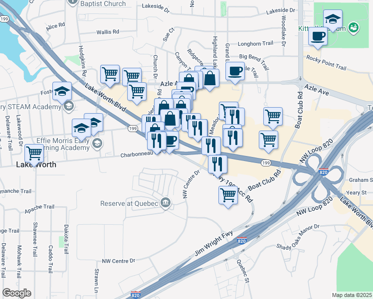 map of restaurants, bars, coffee shops, grocery stores, and more near 6532 Lake Worth Boulevard in Fort Worth