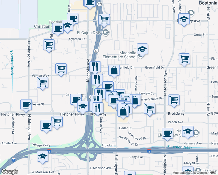 map of restaurants, bars, coffee shops, grocery stores, and more near 321 Hart Drive in El Cajon