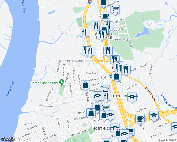 map of restaurants, bars, coffee shops, grocery stores, and more near 83 Magnolia Avenue in Charleston
