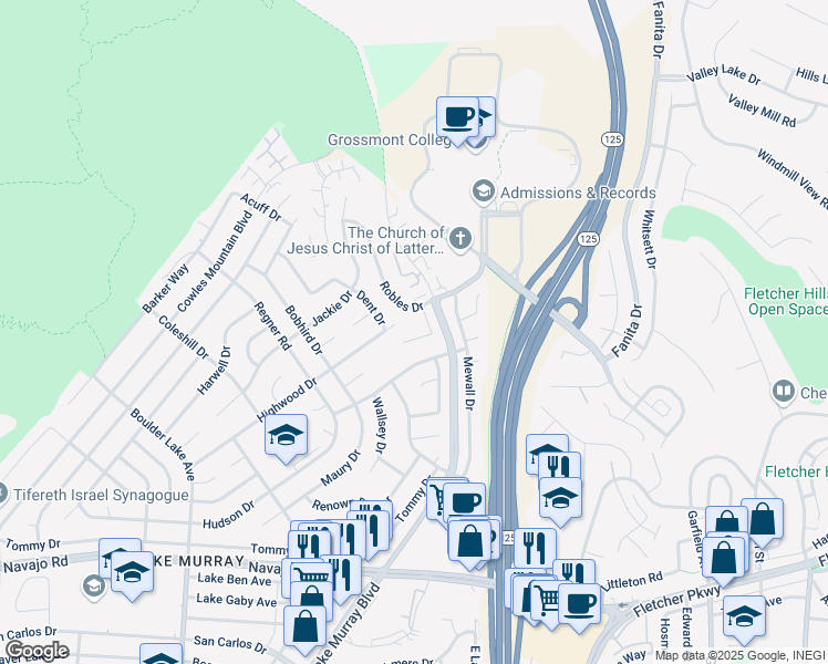 map of restaurants, bars, coffee shops, grocery stores, and more near 8774 Robles Way in San Diego