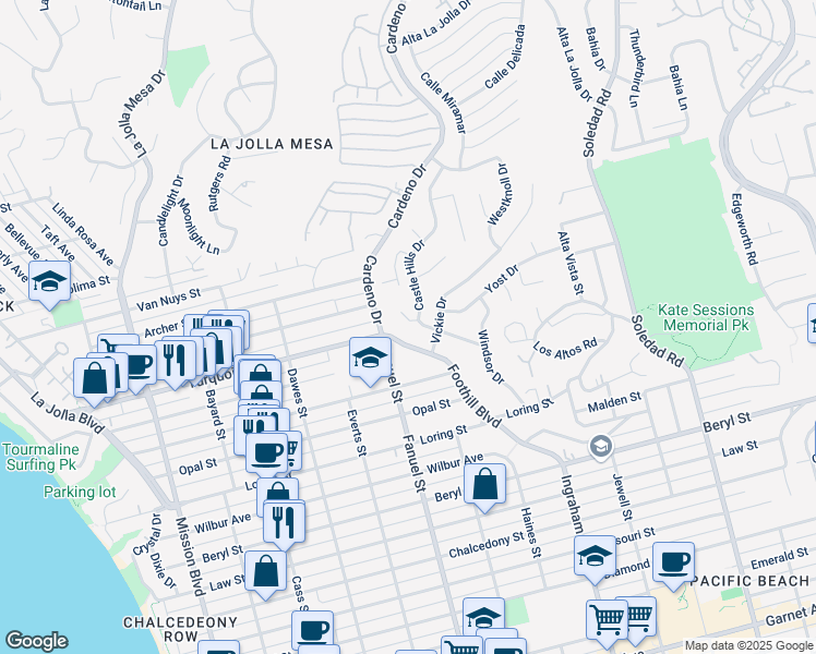 map of restaurants, bars, coffee shops, grocery stores, and more near 1341 Cary Way in San Diego