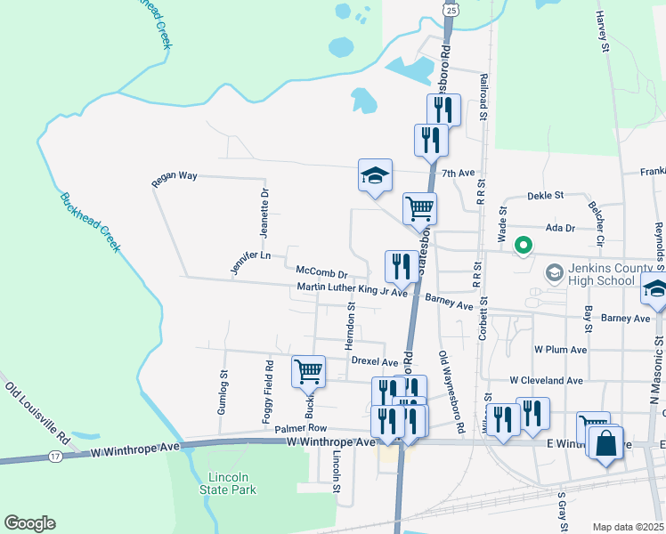 map of restaurants, bars, coffee shops, grocery stores, and more near 329 McComb Drive in Millen