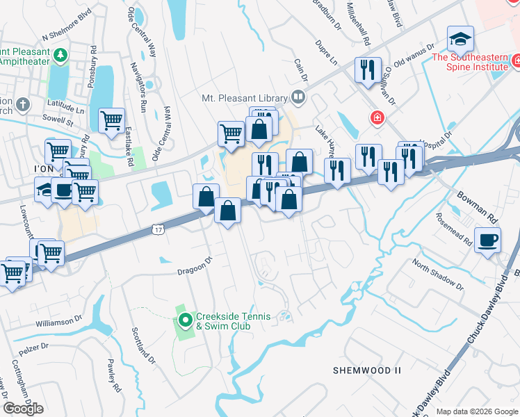 map of restaurants, bars, coffee shops, grocery stores, and more near 1015 U.S. 17 Bypass in Mount Pleasant