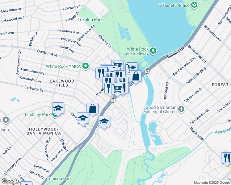 map of restaurants, bars, coffee shops, grocery stores, and more near 7340 Gaston Avenue in Dallas