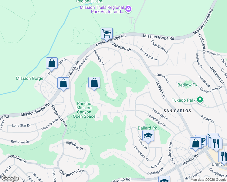 map of restaurants, bars, coffee shops, grocery stores, and more near 7857 Deerfield Street in San Diego