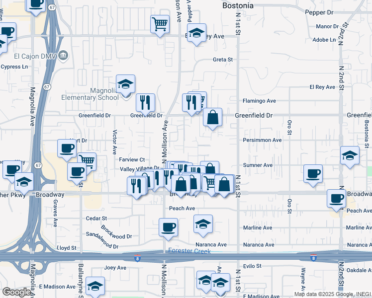 map of restaurants, bars, coffee shops, grocery stores, and more near 1148b Denver Lane in El Cajon