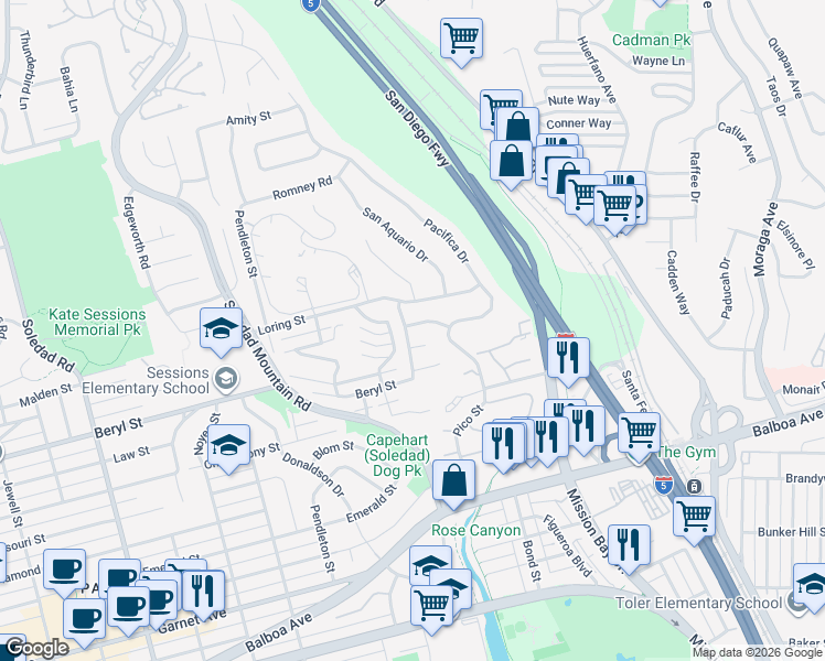 map of restaurants, bars, coffee shops, grocery stores, and more near 2507 San Anselmo Street in San Diego