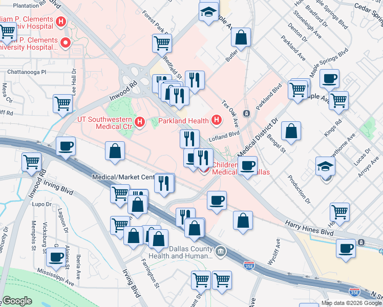 map of restaurants, bars, coffee shops, grocery stores, and more near 5161 Harry Hines Boulevard in Dallas