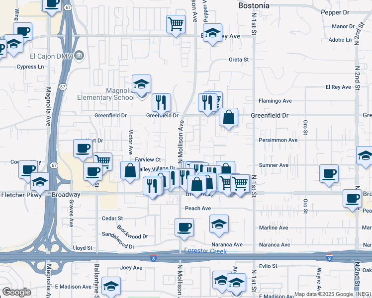 map of restaurants, bars, coffee shops, grocery stores, and more near 1165 North Mollison Avenue in El Cajon