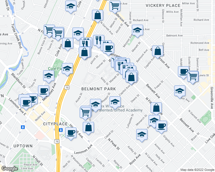 map of restaurants, bars, coffee shops, grocery stores, and more near 4640 Manett Street in Dallas