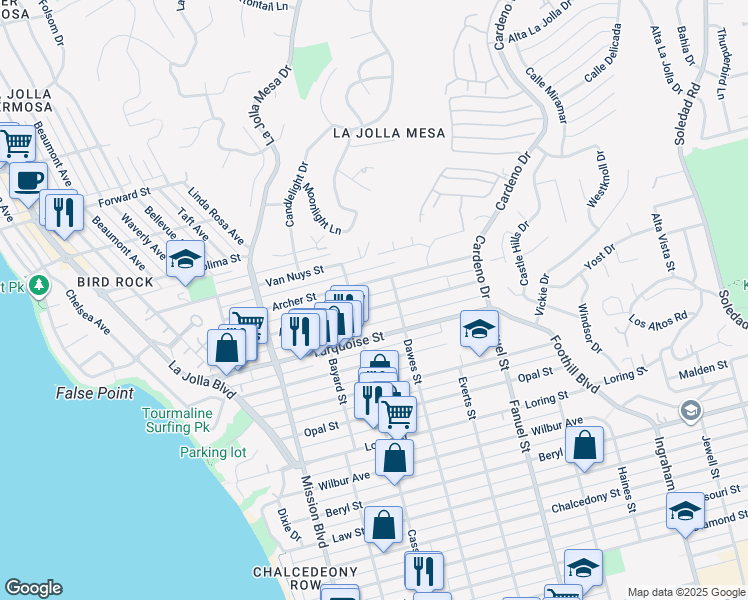 map of restaurants, bars, coffee shops, grocery stores, and more near 1044 Agate Street in San Diego