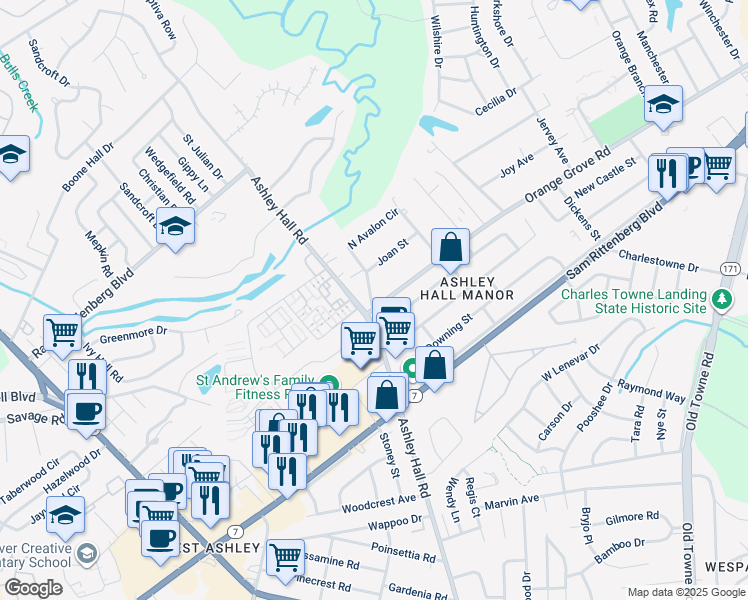 map of restaurants, bars, coffee shops, grocery stores, and more near 1706 West Avalon Circle in Charleston
