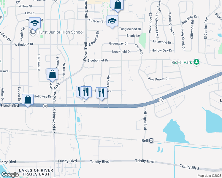 map of restaurants, bars, coffee shops, grocery stores, and more near 605 East Ellen Avenue in Hurst