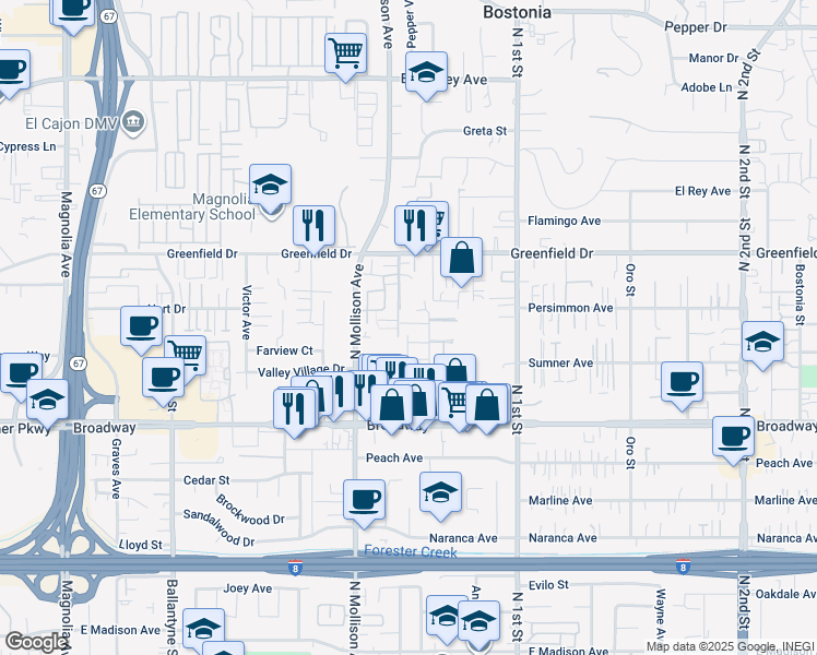 map of restaurants, bars, coffee shops, grocery stores, and more near 1148b Denver Lane in El Cajon