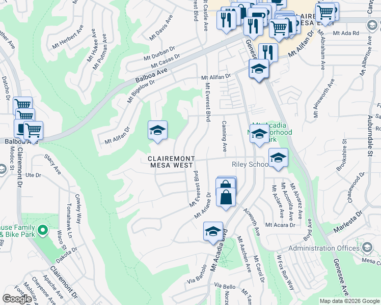 map of restaurants, bars, coffee shops, grocery stores, and more near 3839 Mount Everest Boulevard in San Diego