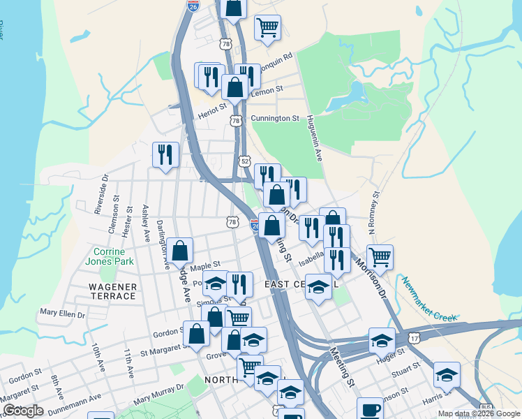 map of restaurants, bars, coffee shops, grocery stores, and more near 3 Achurch Avenue in Charleston