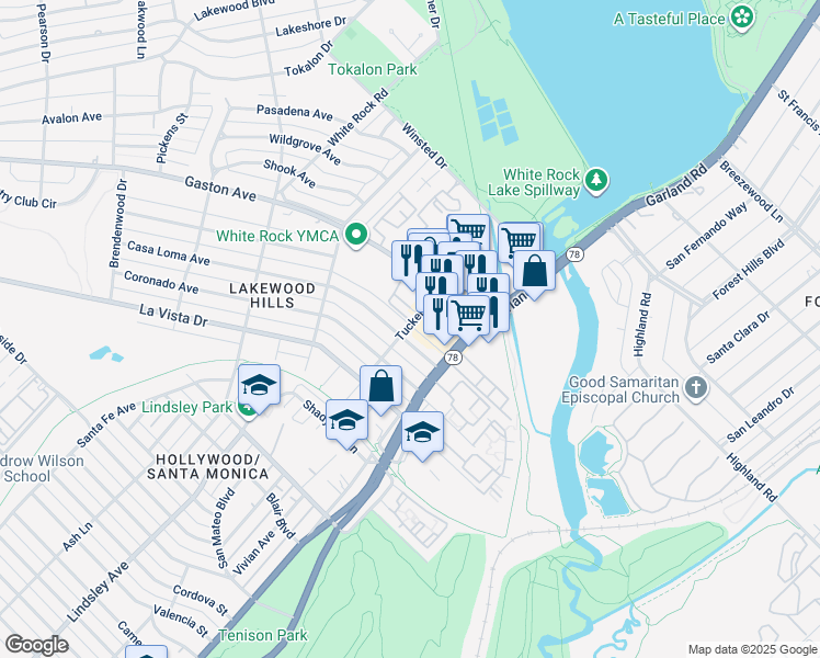 map of restaurants, bars, coffee shops, grocery stores, and more near 2114 Tucker Street in Dallas
