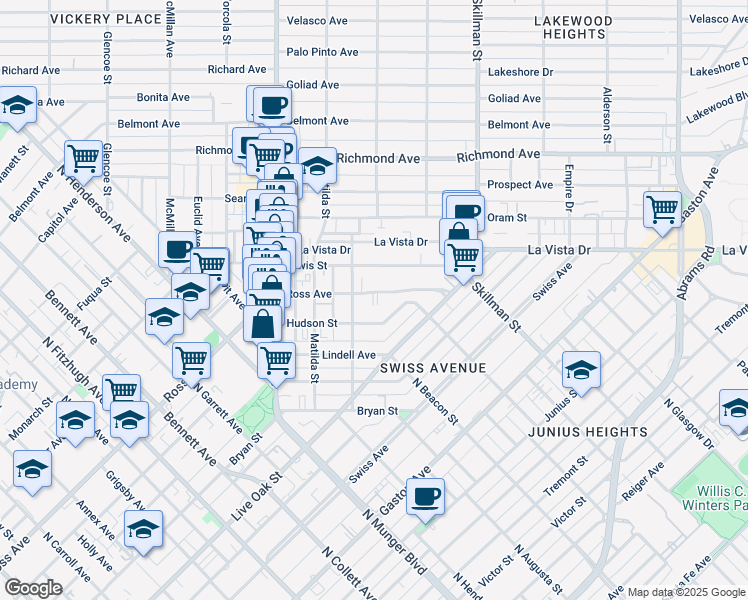 map of restaurants, bars, coffee shops, grocery stores, and more near 5908 Ross Avenue in Dallas