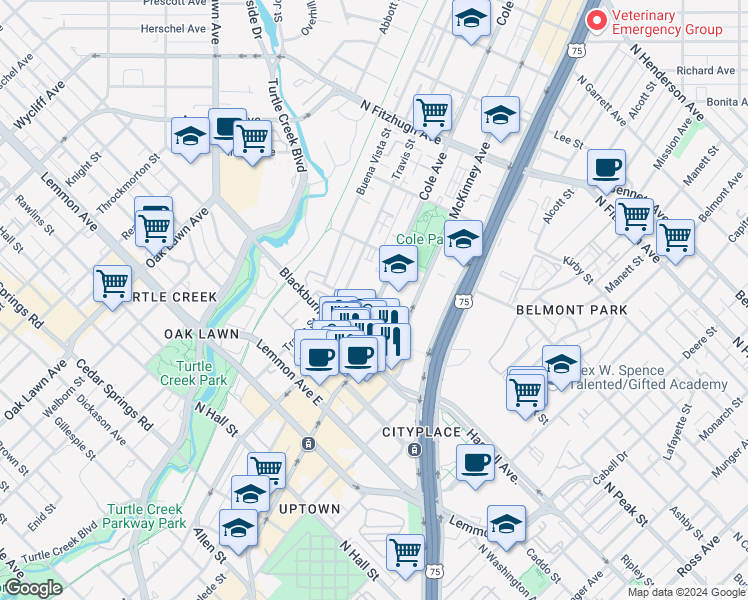 map of restaurants, bars, coffee shops, grocery stores, and more near 3905 Cole Avenue in Dallas