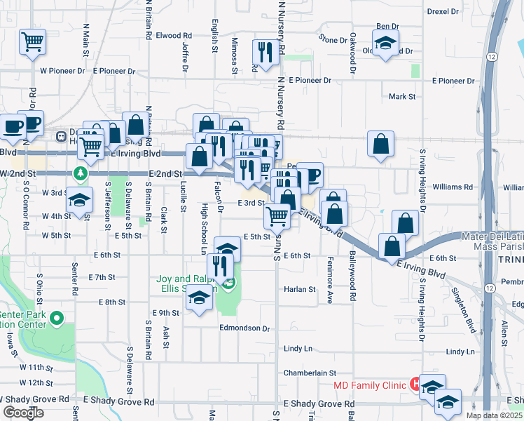 map of restaurants, bars, coffee shops, grocery stores, and more near 912 East 3rd Street in Irving