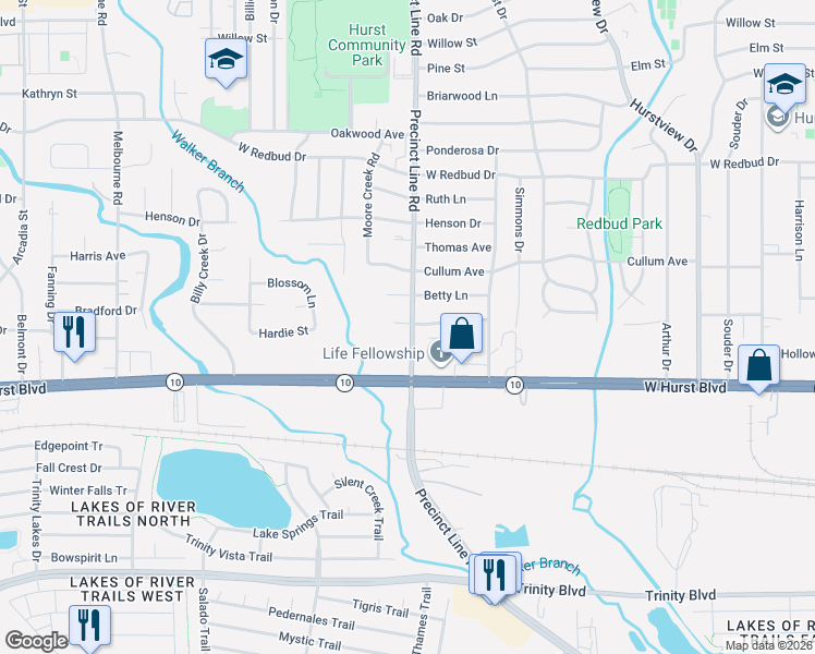 map of restaurants, bars, coffee shops, grocery stores, and more near 784 Treadwell Drive in Hurst