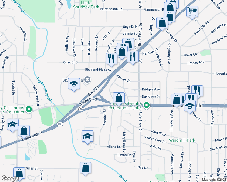 map of restaurants, bars, coffee shops, grocery stores, and more near 6509 Davidson Street in Richland Hills