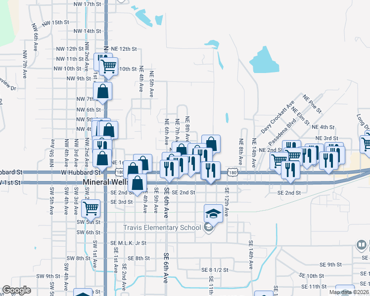 map of restaurants, bars, coffee shops, grocery stores, and more near 815 Northeast 2nd Street in Mineral Wells
