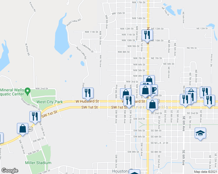 map of restaurants, bars, coffee shops, grocery stores, and more near 606 Northwest 2nd Street in Mineral Wells