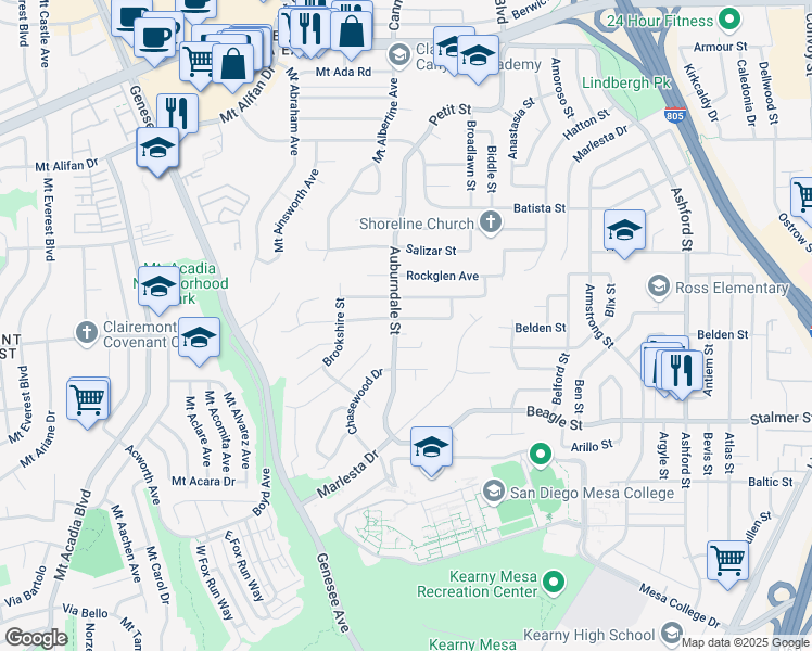 map of restaurants, bars, coffee shops, grocery stores, and more near 6707 Thornwood Street in San Diego