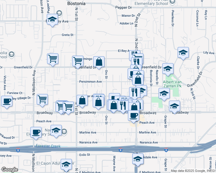 map of restaurants, bars, coffee shops, grocery stores, and more near 1145 Oro Street in El Cajon