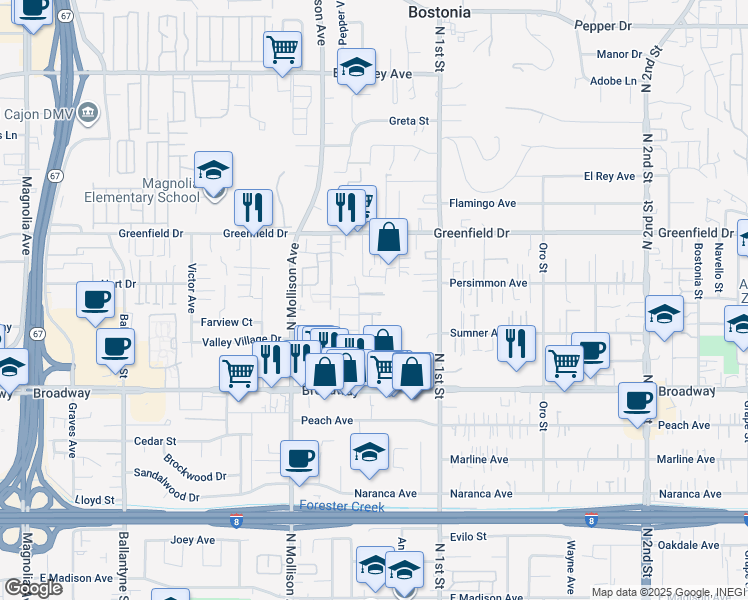 map of restaurants, bars, coffee shops, grocery stores, and more near 1061 Mascari Court in El Cajon