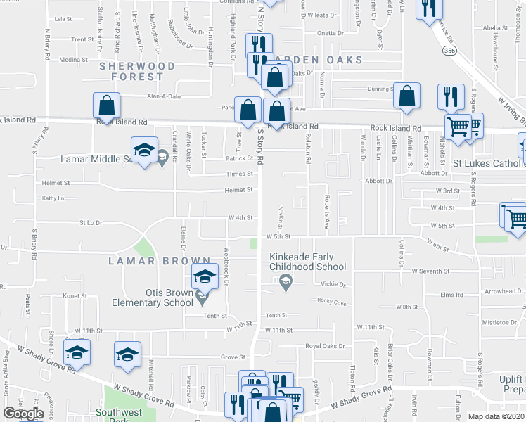 map of restaurants, bars, coffee shops, grocery stores, and more near 334 South Story Road in Irving
