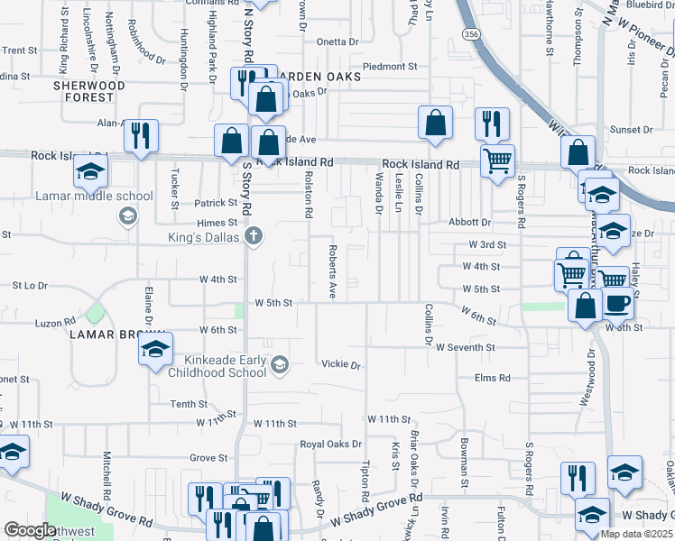 map of restaurants, bars, coffee shops, grocery stores, and more near 402 Roberts Avenue in Irving