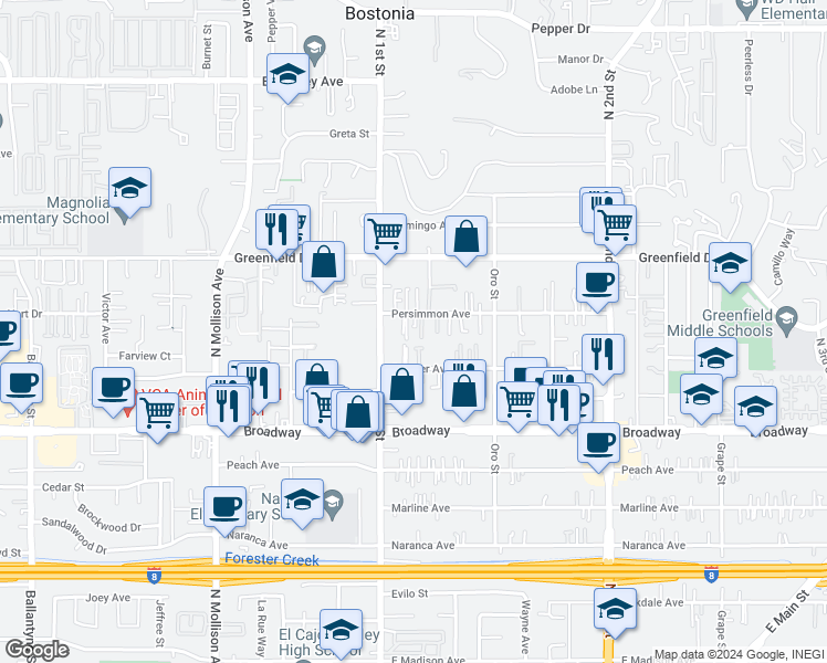 map of restaurants, bars, coffee shops, grocery stores, and more near 1125 Persimmon Avenue in El Cajon