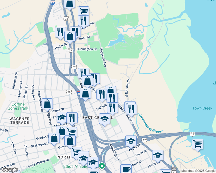 map of restaurants, bars, coffee shops, grocery stores, and more near 107 Brigade Street in Charleston