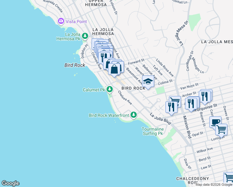 map of restaurants, bars, coffee shops, grocery stores, and more near 318 Colima Court in San Diego