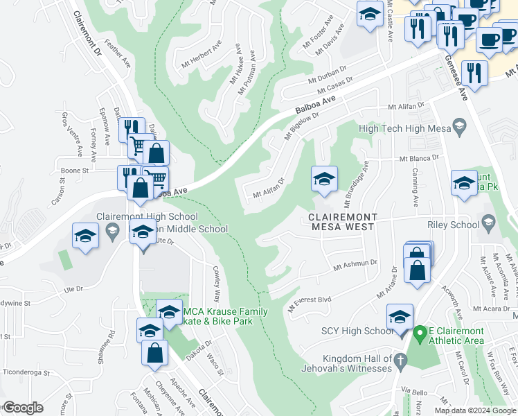 map of restaurants, bars, coffee shops, grocery stores, and more near 4006 Mount Alifan Way in San Diego