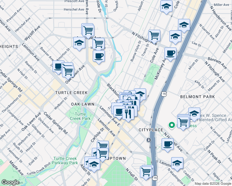map of restaurants, bars, coffee shops, grocery stores, and more near 3345 Blackburn Street in Dallas