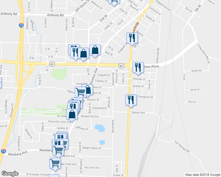 map of restaurants, bars, coffee shops, grocery stores, and more near 510 Crisp Street in Macon