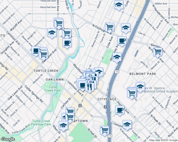 map of restaurants, bars, coffee shops, grocery stores, and more near 3824 Travis Street in Dallas