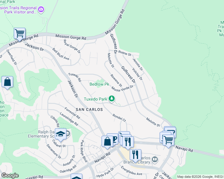map of restaurants, bars, coffee shops, grocery stores, and more near 6923 Monte Verde Drive in San Diego