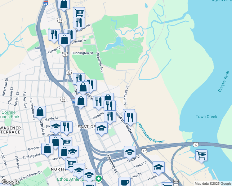 map of restaurants, bars, coffee shops, grocery stores, and more near 12 Huguenin Avenue in Charleston