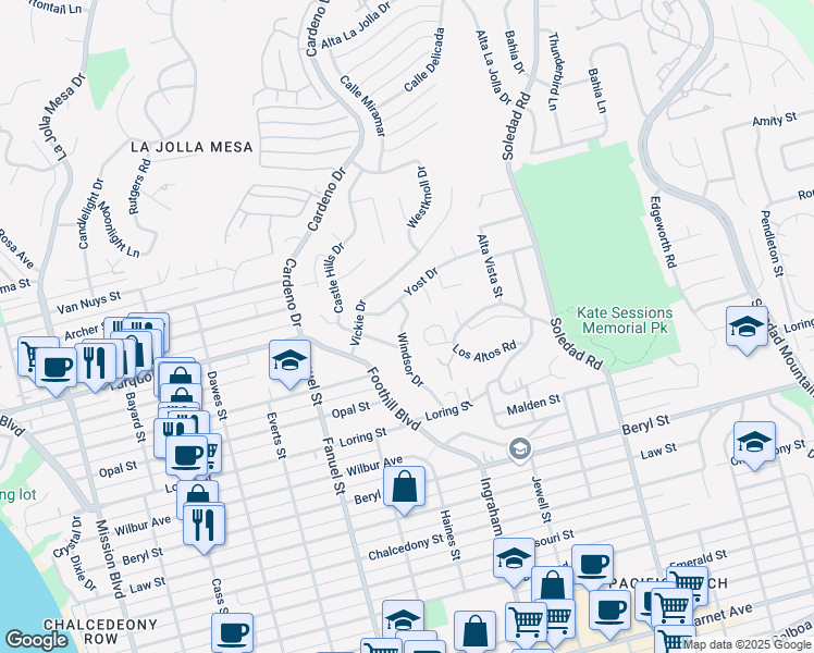 map of restaurants, bars, coffee shops, grocery stores, and more near 5121 Windsor Drive in San Diego