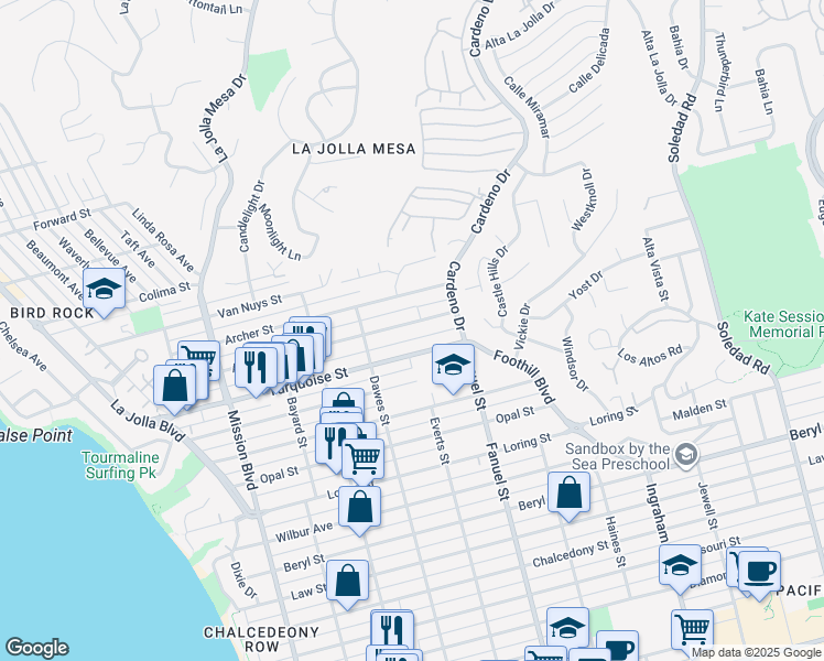map of restaurants, bars, coffee shops, grocery stores, and more near 1195 Agate Street in San Diego