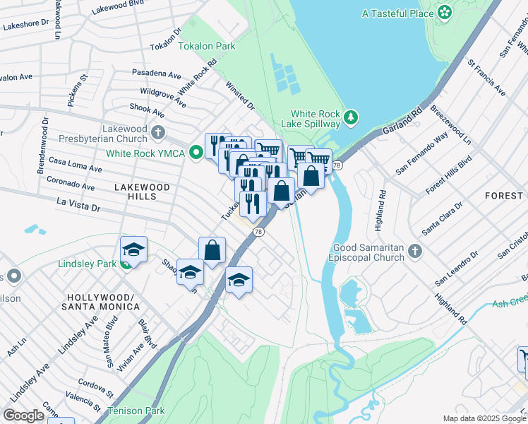 map of restaurants, bars, coffee shops, grocery stores, and more near 7340 Gaston Avenue in Dallas