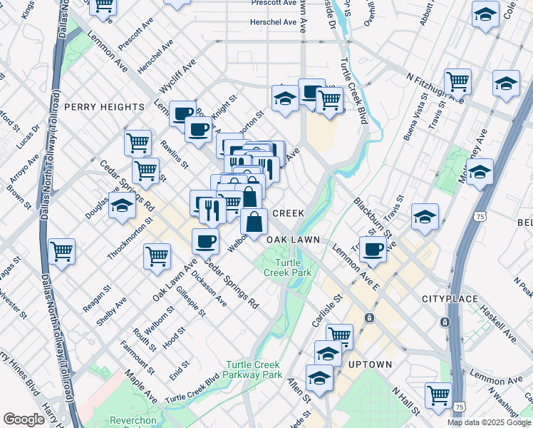 map of restaurants, bars, coffee shops, grocery stores, and more near Lemmon Ave & Welborn St in Dallas